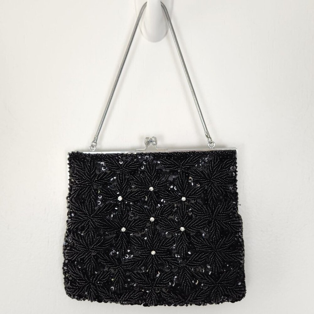 Vintage Handmade Small Black Sequined Purse With Rhinestone Accents, Holiday*